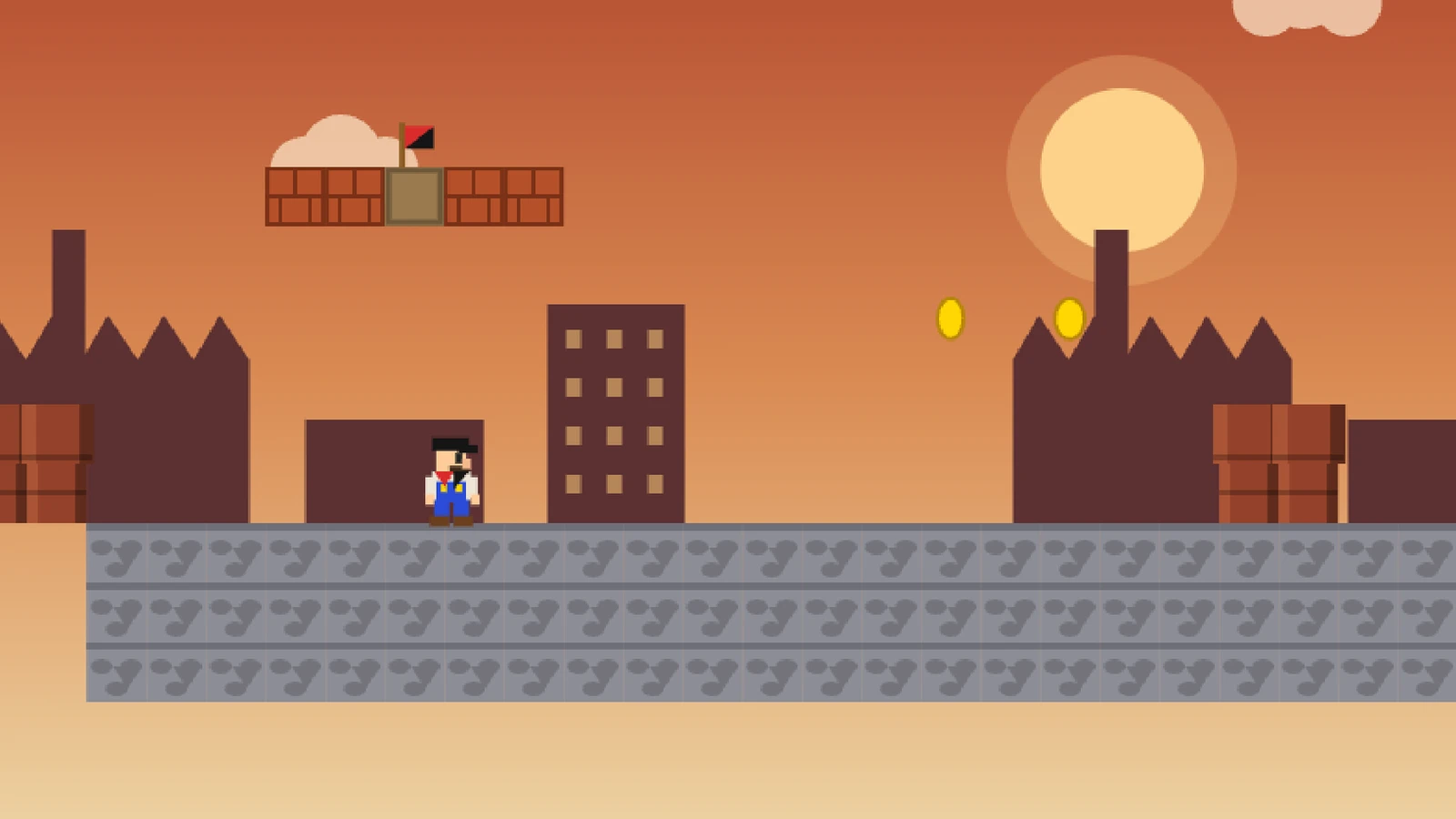 Screenshot of the game: a worker in a flat cap and blue overalls on a cobblestone street at dusk, with brick blocks, a red and black flag, factory chimneys and a setting sun