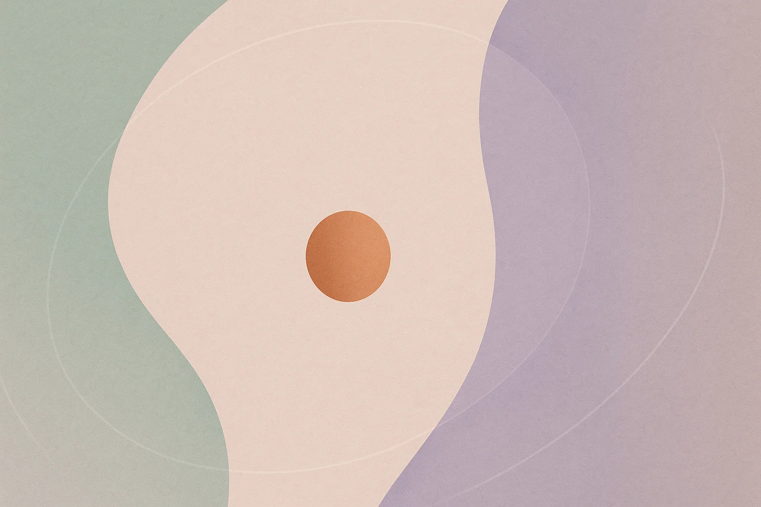 A warm clay sphere held between two soft pastel arcs — sage and lavender — with faint orbital lines, suggesting human presence preserved at the center of larger systems