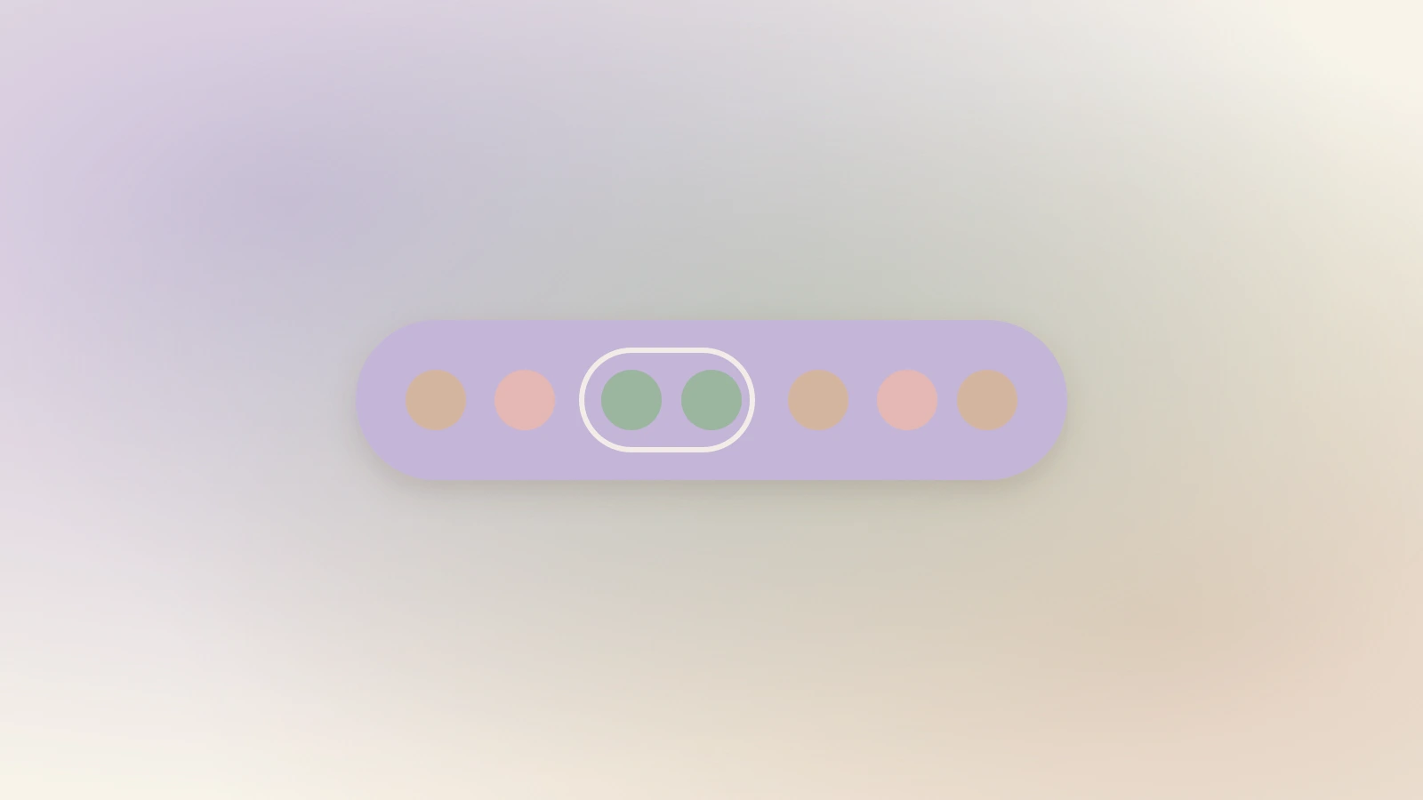 Soft pastel illustration of a row of dots in clay and rose with two sage dots grouped together inside a lavender pill