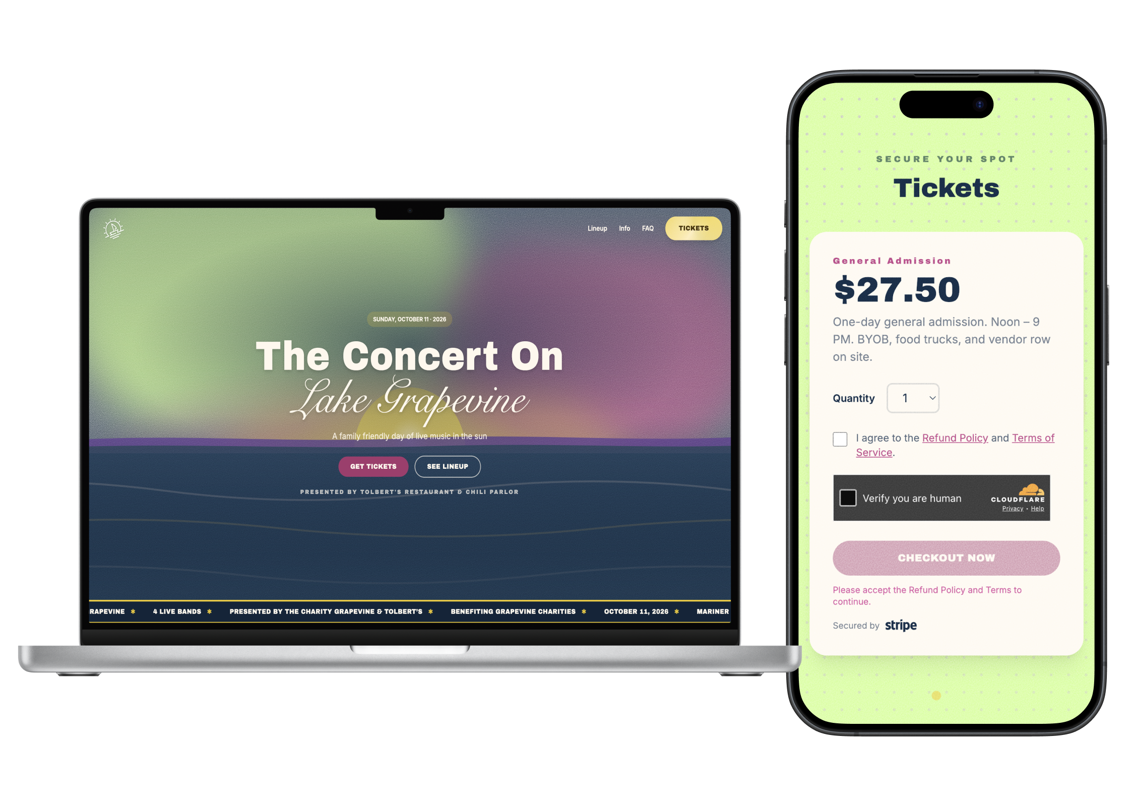 The Concert On Lake Grapevine — homepage and Stripe ticket checkout for an outdoor benefit concert, built with Astro and Netlify