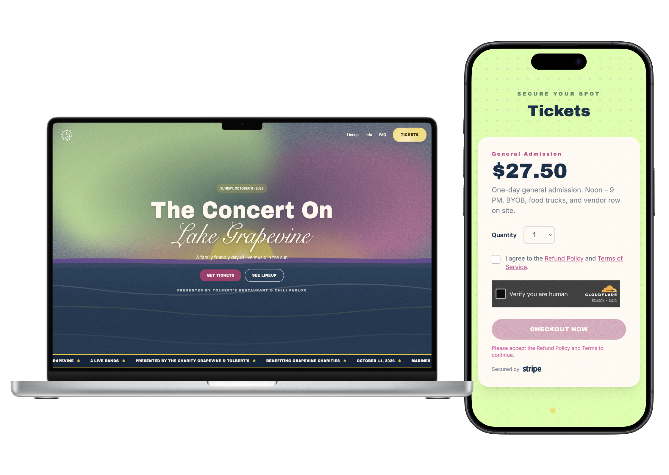 The Concert On Lake Grapevine — homepage and Stripe ticket checkout for an outdoor benefit concert, built with Astro and Netlify