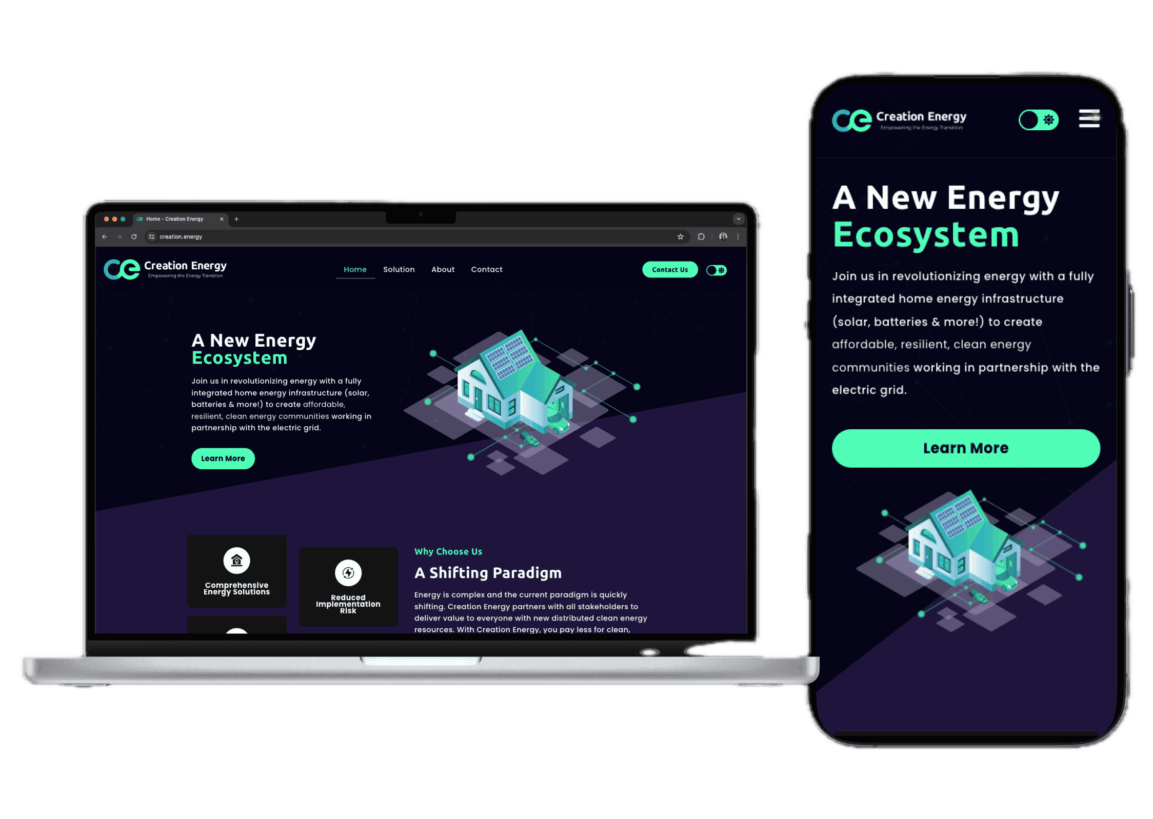 Creation Energy marketing site — renewable energy startup brand and platform