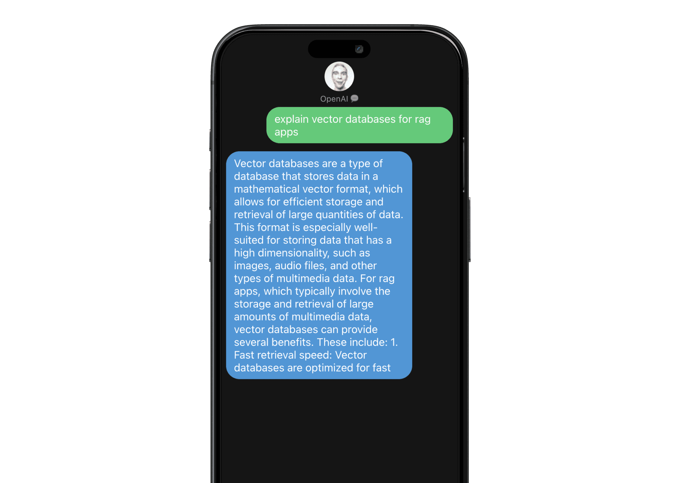 A screenshot of the OpenAI iMessage App interface with a chat conversation.