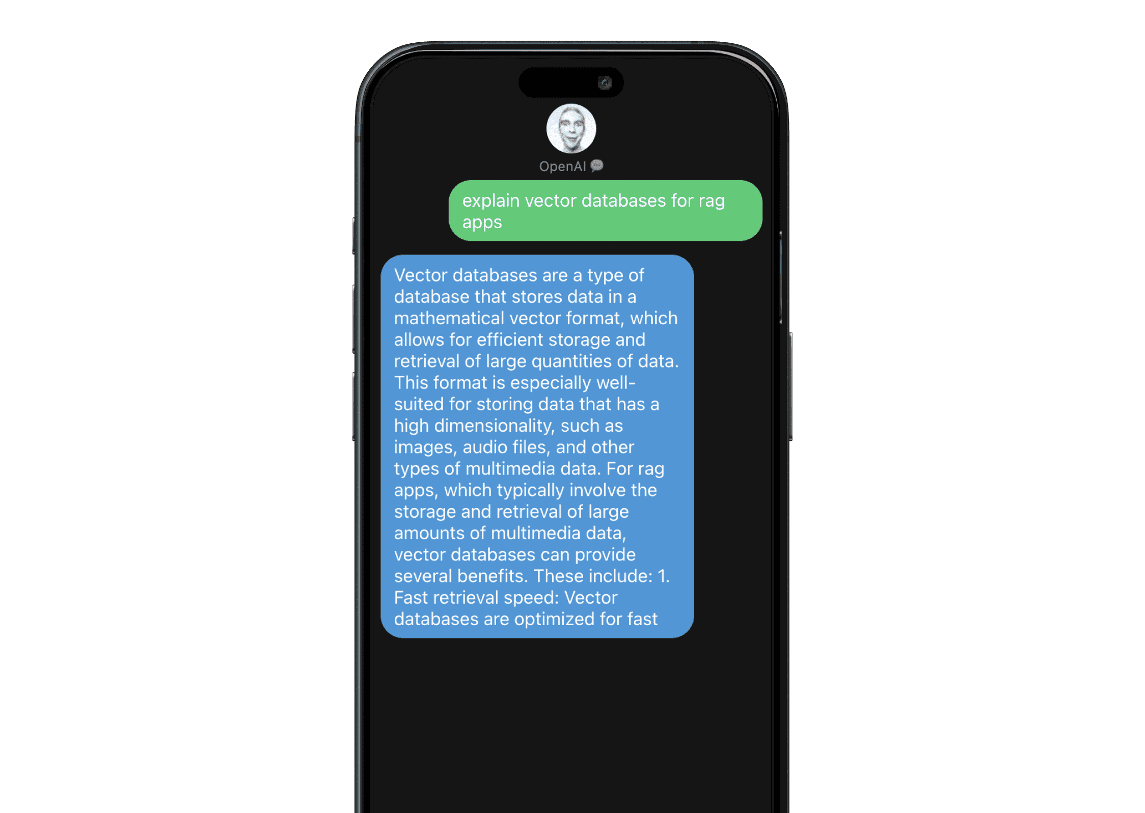 OpenAI iMessage clone — chat interface conversing with GPT