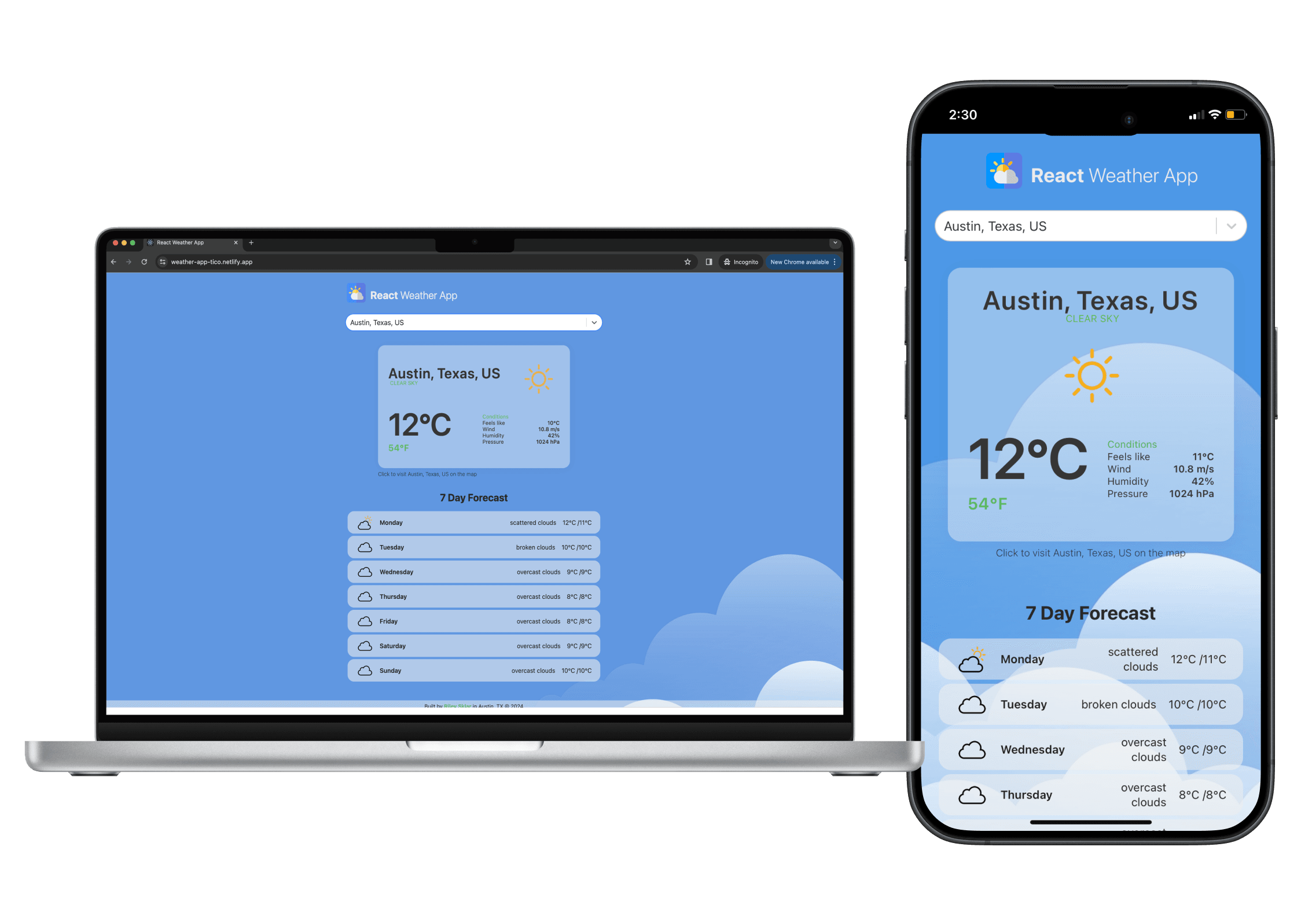 A screenshot showcasing the React Weather App with current weather conditions and forecasts.